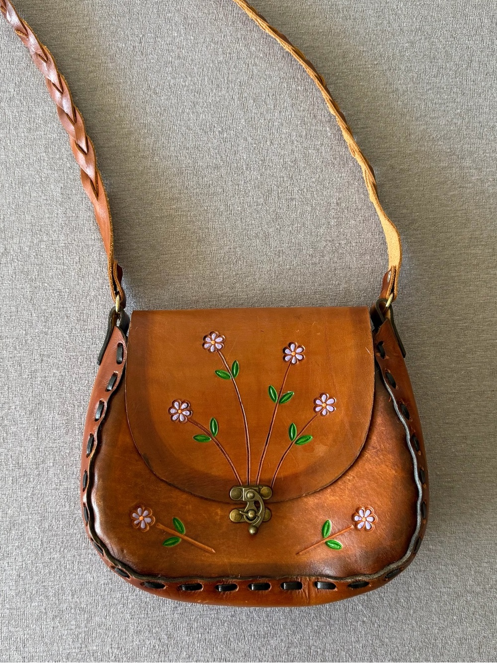 Leather Brown Floral Embossed Leather Crossbody Bag
